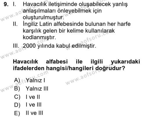 Havacılık Terminolojisi Dersi 2023 - 2024 Yılı (Vize) Ara Sınavı 9. Soru