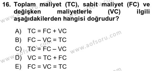 Havacılık Ekonomisi Dersi 2023 - 2024 Yılı (Vize) Ara Sınavı 16. Soru