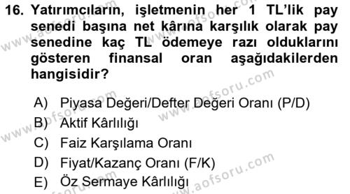 Havayolu İşletmelerinde Finansal Yönetim Dersi 2022 - 2023 Yılı (Vize) Ara Sınavı 16. Soru