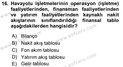 Havayolu İşletmelerinde Finansal Yönetim Dersi 2023 - 2024 Yılı (Vize) Ara Sınavı 16. Soru