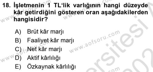 Havayolu İşletmelerinde Finansal Yönetim Dersi 2023 - 2024 Yılı (Vize) Ara Sınavı 18. Soru