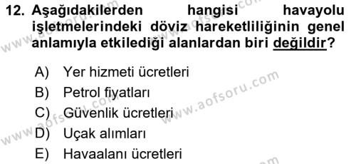 Havayolu İşletmelerinde Finansal Yönetim Dersi 2023 - 2024 Yılı (Final) Dönem Sonu Sınavı 12. Soru