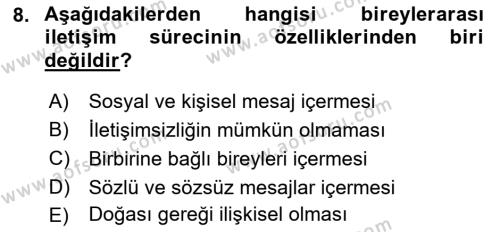 İnsan İlişkileri ve İletişim Dersi 2022 - 2023 Yılı Yaz Okulu Sınavı 8. Soru