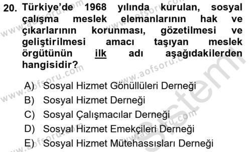 Sosyal Hizmete Giriş Dersi 2019 - 2020 Yılı (Final) Dönem Sonu Sınavı 20. Soru