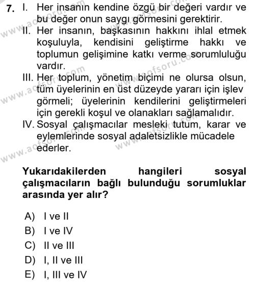 Sosyal Hizmete Giriş Dersi 2021 - 2022 Yılı Yaz Okulu Sınavı 7. Soru