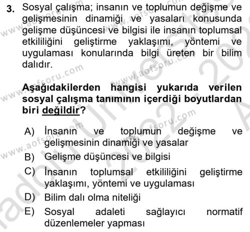 Sosyal Hizmete Giriş Dersi 2022 - 2023 Yılı (Vize) Ara Sınavı 3. Soru