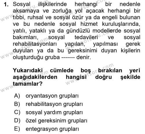 Sosyal Hizmet Kuruluşları Dersi 2023 - 2024 Yılı (Final) Dönem Sonu Sınavı 1. Soru