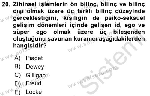 İnsan Davranışı Ve Sosyal Çevre 1 Dersi 2024 - 2025 Yılı (Vize) Ara Sınavı 20. Soru