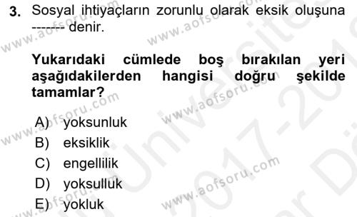 Engellilerle Sosyal Hizmet Dersi 2017 - 2018 Yılı (Vize) Ara Sınavı 3. Soru