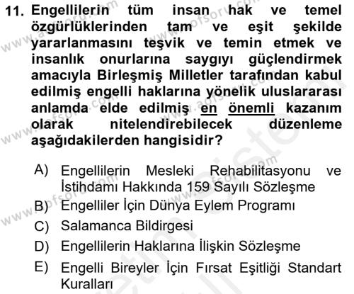 Engellilerle Sosyal Hizmet Dersi 2018 - 2019 Yılı (Vize) Ara Sınavı 11. Soru