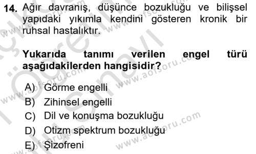 Engellilerle Sosyal Hizmet Dersi 2020 - 2021 Yılı Yaz Okulu Sınavı 14. Soru