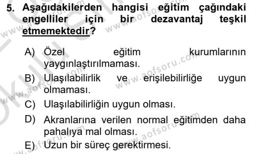 Engellilerle Sosyal Hizmet Dersi 2021 - 2022 Yılı Yaz Okulu Sınavı 5. Soru