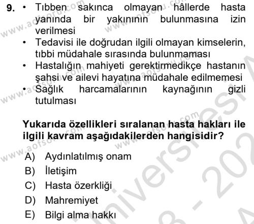 Tıbbi Ve Psikiyatrik Sosyal Hizmet Dersi 2023 - 2024 Yılı (Vize) Ara Sınavı 9. Soru