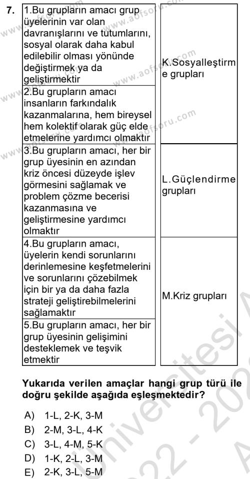 Gruplarla Sosyal Hizmet Dersi 2022 - 2023 Yılı (Vize) Ara Sınavı 7. Soru