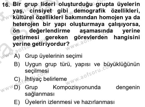 Gruplarla Sosyal Hizmet Dersi 2023 - 2024 Yılı (Vize) Ara Sınavı 16. Soru