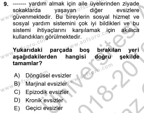 Sokak Sosyal Hizmeti Ve Adli Sosyal Hizmet Dersi 2018 - 2019 Yılı Yaz Okulu Sınavı 9. Soru