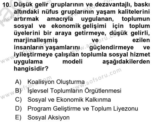 Toplumla Sosyal Hizmet Dersi 2021 - 2022 Yılı Yaz Okulu Sınavı 10. Soru