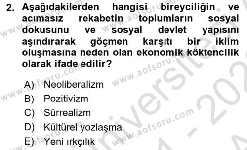 Göçmen Ve Sığınmacılarla Sosyal Hizmet Dersi 2021 - 2022 Yılı (Vize) Ara Sınavı 2. Soru