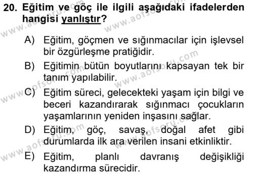 Göçmen Ve Sığınmacılarla Sosyal Hizmet Dersi 2021 - 2022 Yılı (Final) Dönem Sonu Sınavı 20. Soru