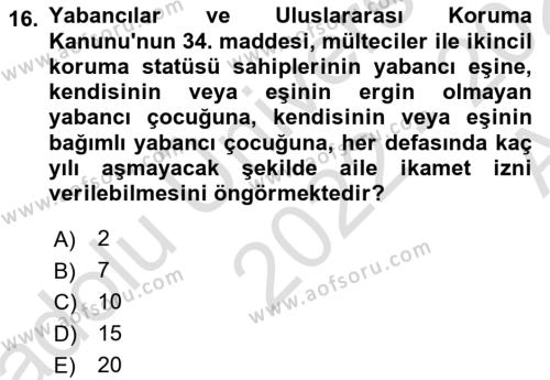 Göçmen Ve Sığınmacılarla Sosyal Hizmet Dersi 2022 - 2023 Yılı (Vize) Ara Sınavı 16. Soru