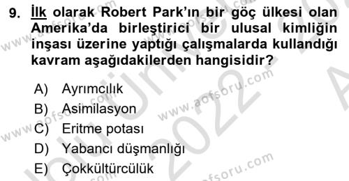 Göçmen Ve Sığınmacılarla Sosyal Hizmet Dersi 2022 - 2023 Yılı (Vize) Ara Sınavı 9. Soru