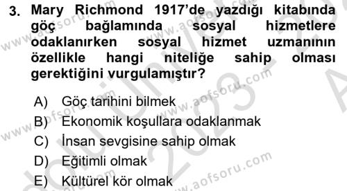 Göçmen Ve Sığınmacılarla Sosyal Hizmet Dersi 2023 - 2024 Yılı (Vize) Ara Sınavı 3. Soru