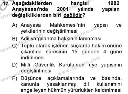 Türk Siyasal Hayatı Dersi 2013 - 2014 Yılı (Vize) Ara Sınavı 17. Soru