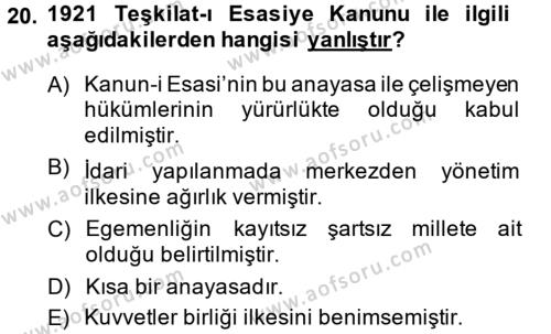 Türk Siyasal Hayatı Dersi 2013 - 2014 Yılı (Vize) Ara Sınavı 20. Soru