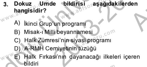 Türk Siyasal Hayatı Dersi 2013 - 2014 Yılı (Vize) Ara Sınavı 3. Soru
