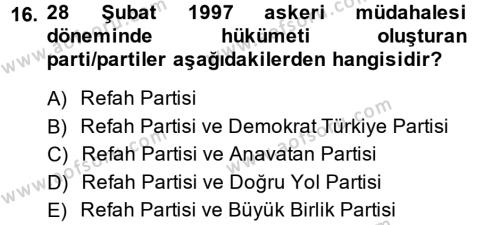 Türk Siyasal Hayatı Dersi 2013 - 2014 Yılı (Final) Dönem Sonu Sınavı 16. Soru