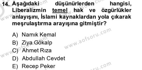 Türk Siyasal Hayatı Dersi 2013 - 2014 Yılı Tek Ders Sınavı 14. Soru
