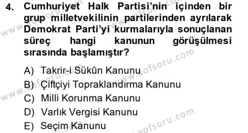 Türk Siyasal Hayatı Dersi 2013 - 2014 Yılı Tek Ders Sınavı 4. Soru