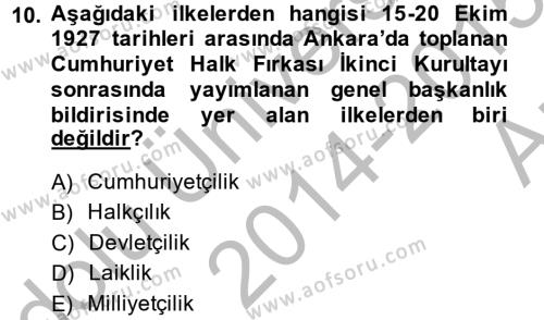 Türk Siyasal Hayatı Dersi 2014 - 2015 Yılı (Vize) Ara Sınavı 10. Soru