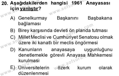Türk Siyasal Hayatı Dersi 2014 - 2015 Yılı (Vize) Ara Sınavı 20. Soru