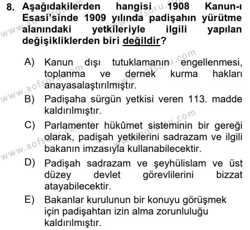 Türk Siyasal Hayatı Dersi 2017 - 2018 Yılı (Final) Dönem Sonu Sınavı 8. Soru