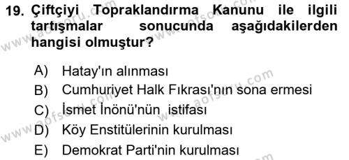 Türk Siyasal Hayatı Dersi 2020 - 2021 Yılı Yaz Okulu Sınavı 19. Soru