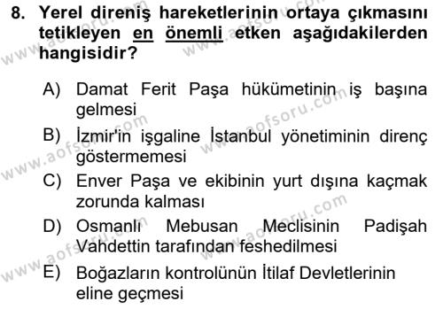 Türk Siyasal Hayatı Dersi 2020 - 2021 Yılı Yaz Okulu Sınavı 8. Soru