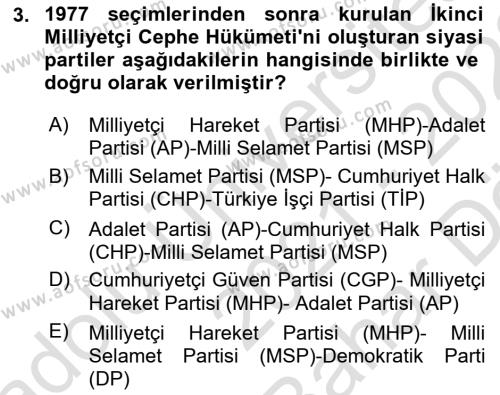 Türk Siyasal Hayatı Dersi 2021 - 2022 Yılı (Vize) Ara Sınavı 3. Soru