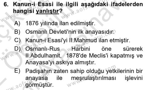 Türk Siyasal Hayatı Dersi 2021 - 2022 Yılı (Vize) Ara Sınavı 6. Soru