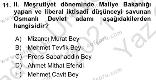 Türk Siyasal Hayatı Dersi 2021 - 2022 Yılı Yaz Okulu Sınavı 11. Soru