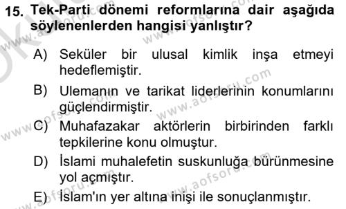 Türk Siyasal Hayatı Dersi 2021 - 2022 Yılı Yaz Okulu Sınavı 15. Soru