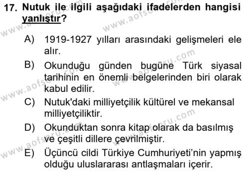 Türk Siyasal Hayatı Dersi 2021 - 2022 Yılı Yaz Okulu Sınavı 17. Soru