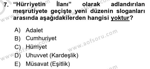 Türk Siyasal Hayatı Dersi 2021 - 2022 Yılı Yaz Okulu Sınavı 7. Soru