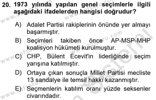 Türk Siyasal Hayatı Dersi 2022 - 2023 Yılı Yaz Okulu Sınavı 20. Soru