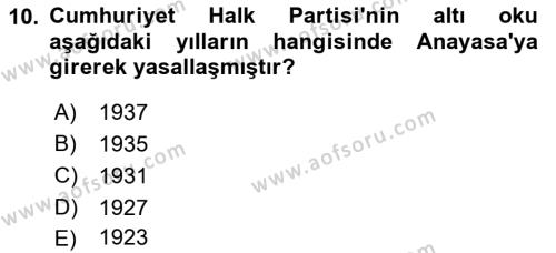 Türk Siyasal Hayatı Dersi 2023 - 2024 Yılı (Vize) Ara Sınavı 10. Soru