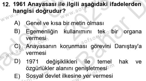 Türk Siyasal Hayatı Dersi 2023 - 2024 Yılı (Vize) Ara Sınavı 12. Soru