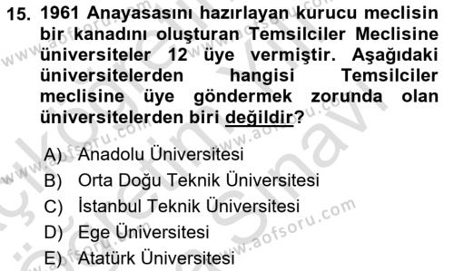 Türk Siyasal Hayatı Dersi 2023 - 2024 Yılı (Vize) Ara Sınavı 15. Soru