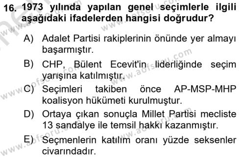 Türk Siyasal Hayatı Dersi 2023 - 2024 Yılı (Vize) Ara Sınavı 16. Soru