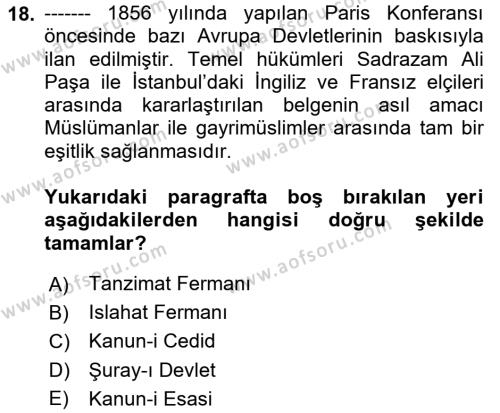 Türk Siyasal Hayatı Dersi 2023 - 2024 Yılı (Vize) Ara Sınavı 18. Soru