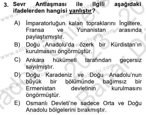 Türk Siyasal Hayatı Dersi 2023 - 2024 Yılı (Vize) Ara Sınavı 3. Soru